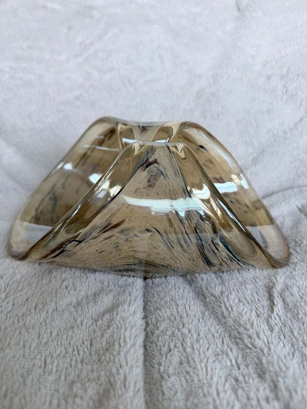 Murano Italian Mouth Blown Art Glass Sculptural Bowl in Brown and Gold